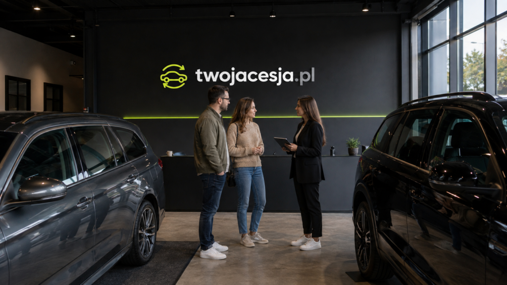 Doradca w salonie twojacesja.pl omawia z klientami warunki cesji leasingu i najmu